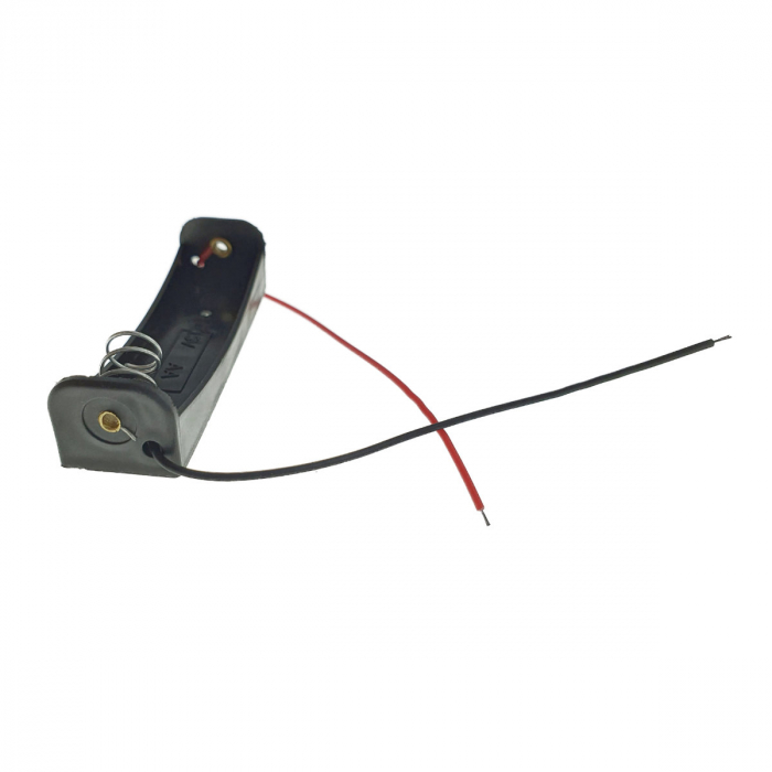 Carcasa cu suport si conectori cu 2 fire, pentru o baterie tip AA R6, din plastic negru [4]
