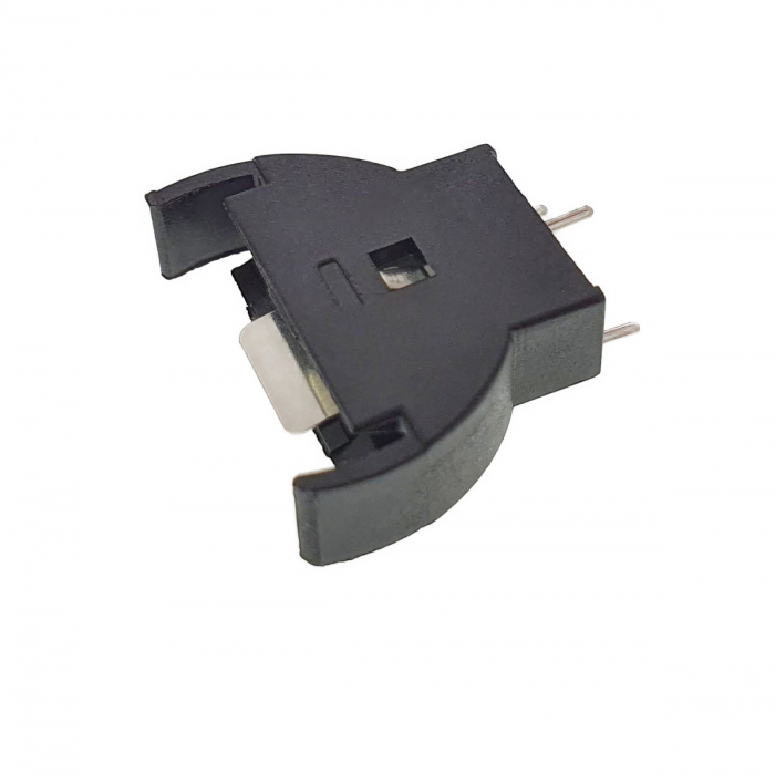 Carcasa cu suport si conectori cu 2 pini pozitivi si un pin negativ, pentru baterie CR2032, 23x21x6mm, din plastic negru [8]