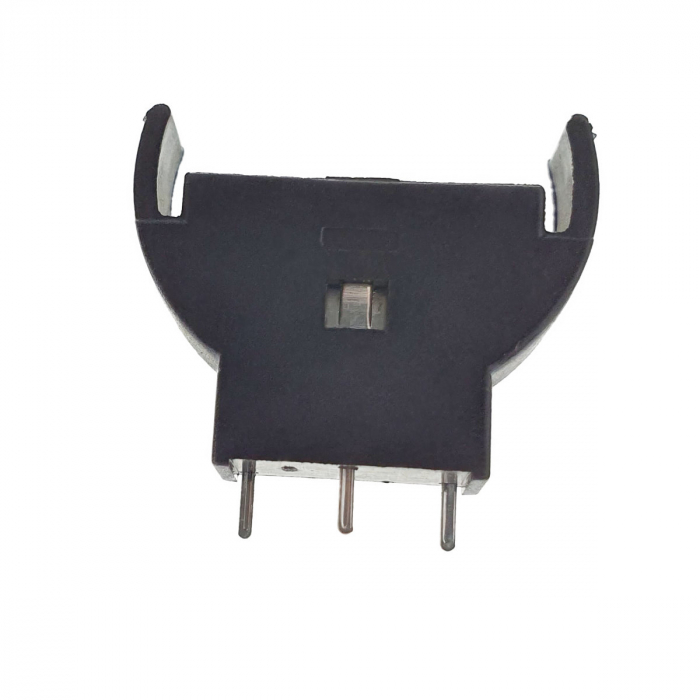 Carcasa cu suport si conectori cu 2 pini pozitivi si un pin negativ, pentru baterie CR2032, 23x21x6mm, din plastic negru [7]