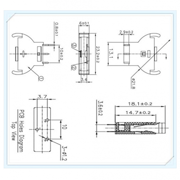 Carcasa cu suport si conectori cu 2 pini pozitivi si un pin negativ, pentru baterie CR2032, 23x21x6mm, din plastic negru [3]