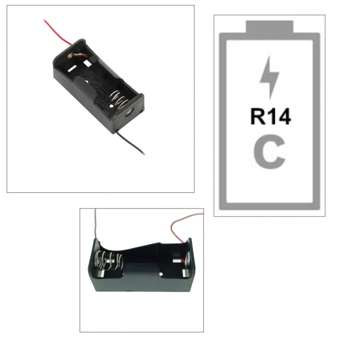 Carcasa suport pentru 1 baterie tip R14, PR-3865-04845, conectori cu 2 fire, neagra [2]