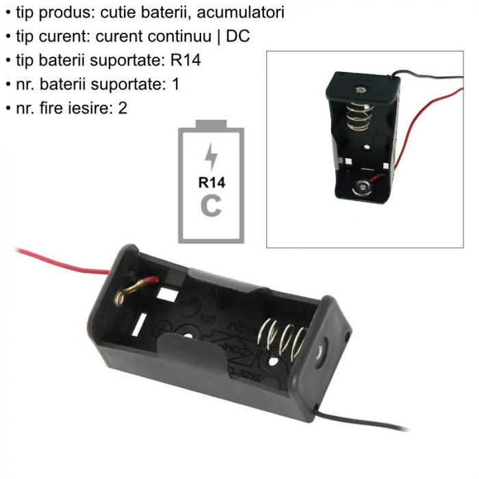Carcasa suport pentru 1 baterie tip R14, PR-3865-04845, conectori cu 2 fire, neagra [6]