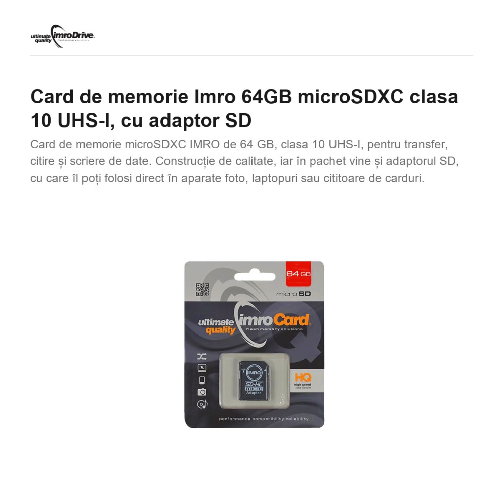 Card de memorie Imro 64GB microSDXC clasa 10 UHS-I, cu adaptor SD [2]