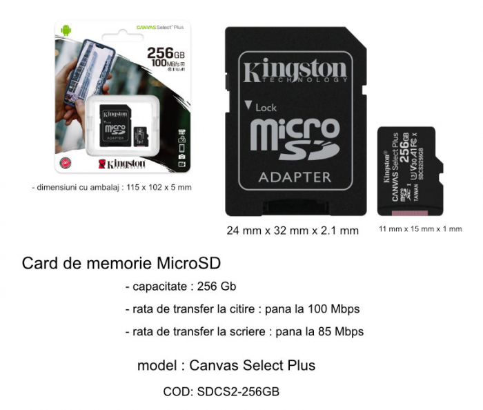 Card de memorie MicroSD Kingston Canvas Select Plus, 256GB, UHS-I, 100MB/s, cu adaptor [4]