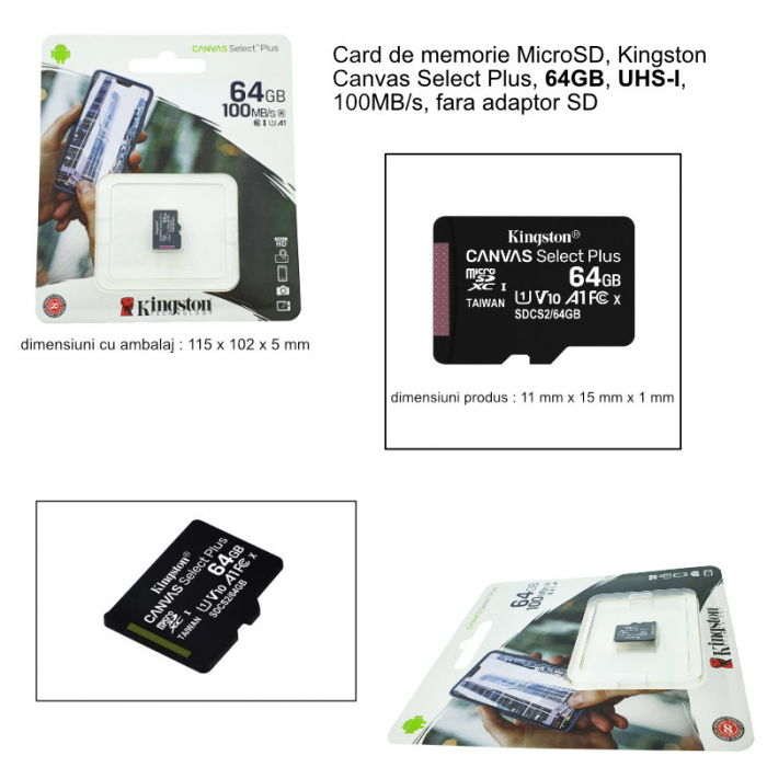 Card de memorie MicroSD, Kingston Canvas Select Plus, 64GB, UHS-I, 100MB/s, fara adaptor SD [4]