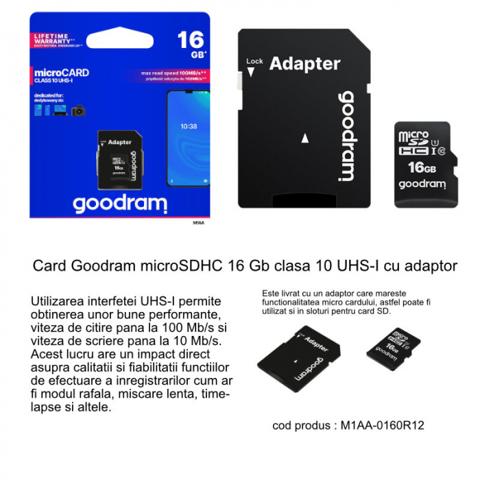Card de memorie microSD Goodram 16GB,UHS I,cls 10 + adaptor, M1AA-0160R12 [6]