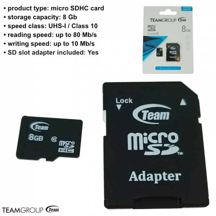 Card de memorie microSDHC 8 Gb, clasa 10 UHS-I, TeamGroup 00169, cu adaptor SD, negru [5]