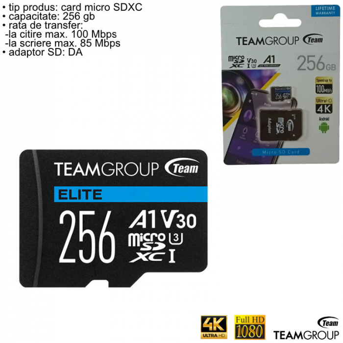 Card de memorie MicroSDXC 256Gb, UHS-I, TeamGroup Elite 64537, 100MB/s, UltraHD 4K, cu adaptor [3]