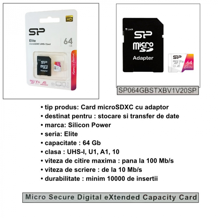 Card de memorie MicroSDXC 64 Gb, Silicon Power Elite, UHS-I U1, A1, clasa 10, cu adaptor [5]