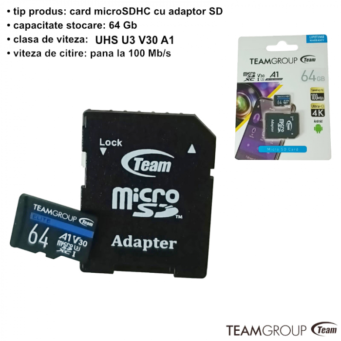 Memorie Team Group A1 microSDXC 64GB, UHS-I Class 3, V30, SD Adaptor [6]