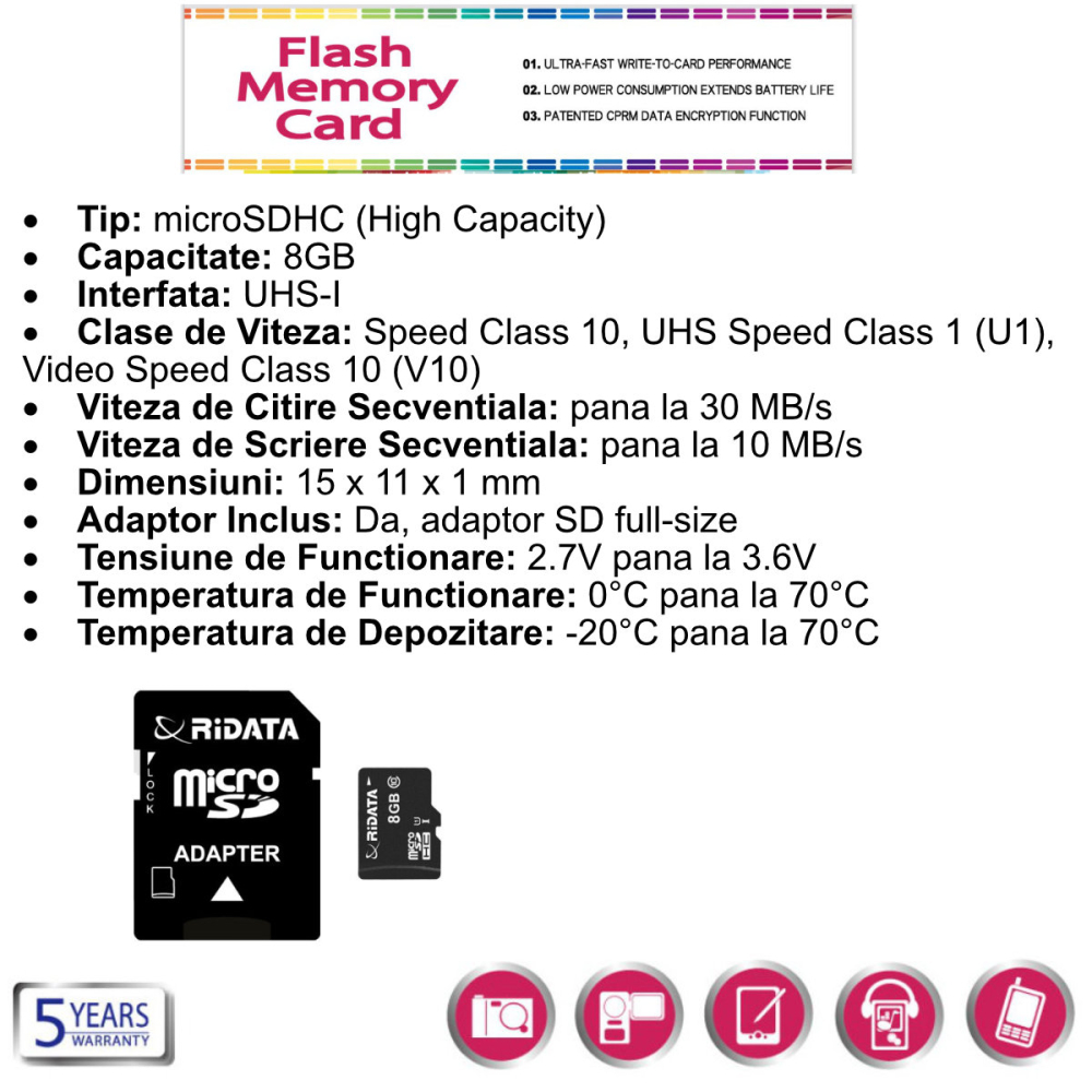 Card memorie microSDHC 8GB UHS-I U1 Clasa 10, RiDATA Flash Memory, cu adaptor SD, pentru telefon, camera foto, GPS, inregistrare Full HD [3]