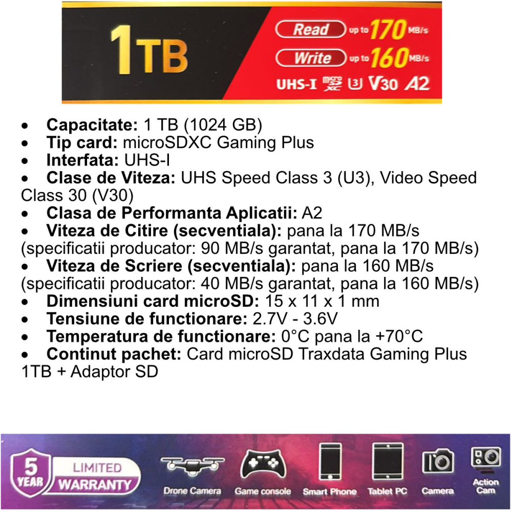 Card Memorie microSDXC 1 TB Traxdata Gaming Plus, U3, V30, A2, cu Adaptor SD, pentru Telefoane, Console, Camera 4K [3]
