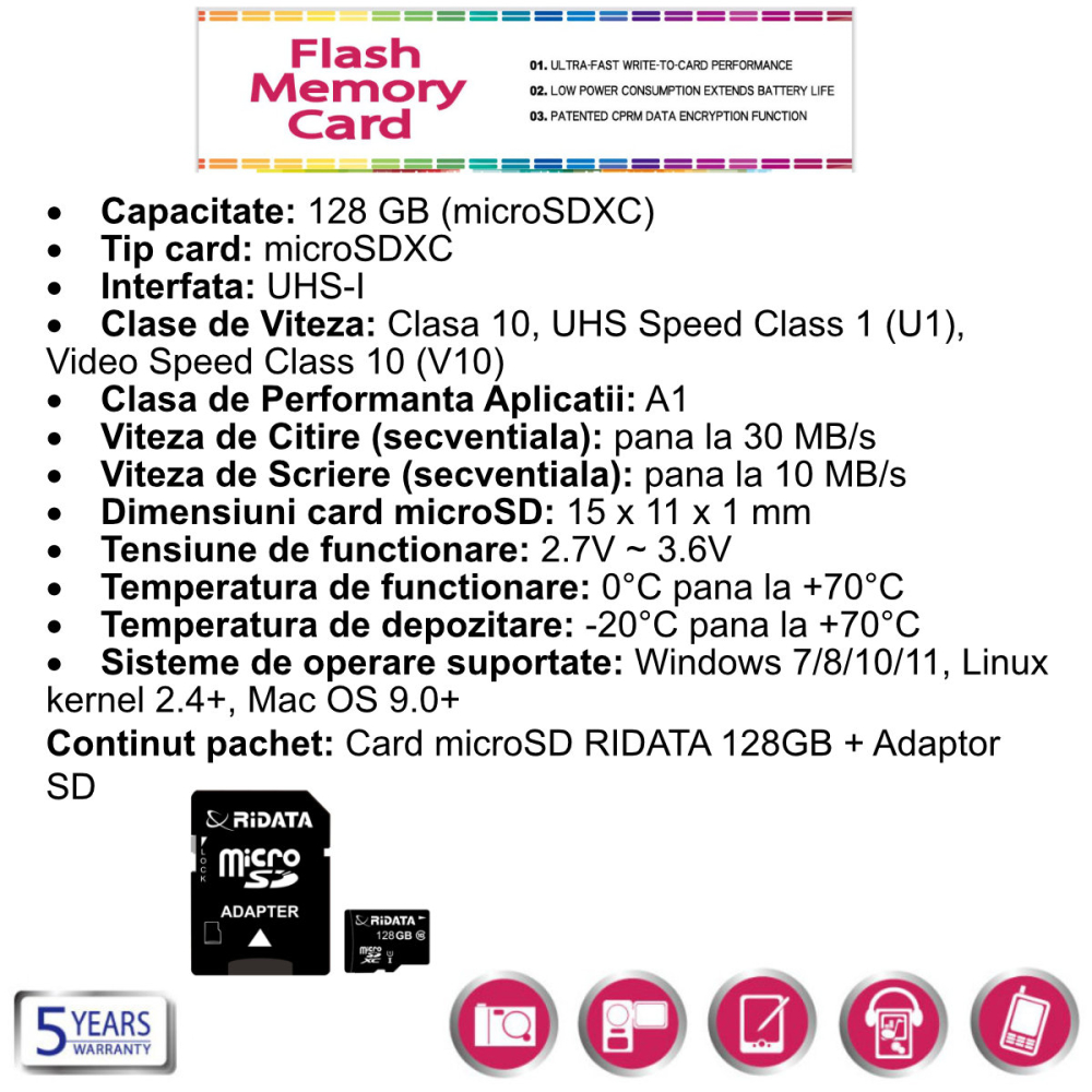 Card Memorie microSDXC 128GB RIDATA, Clasa 10, UHS-I U1 A1, Adaptor SD Inclus, pentru Telefoane, Camera Foto, Nintendo Switch [3]