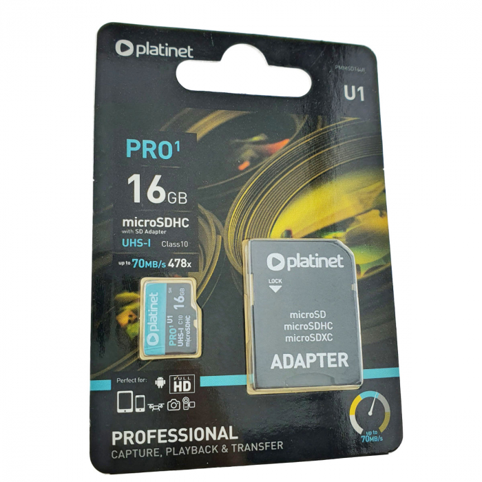 Card microSDHC 16 Gb UHS-I 70MB/S Platinet Pro 44000, clasa 10, cu adaptor SD [3]