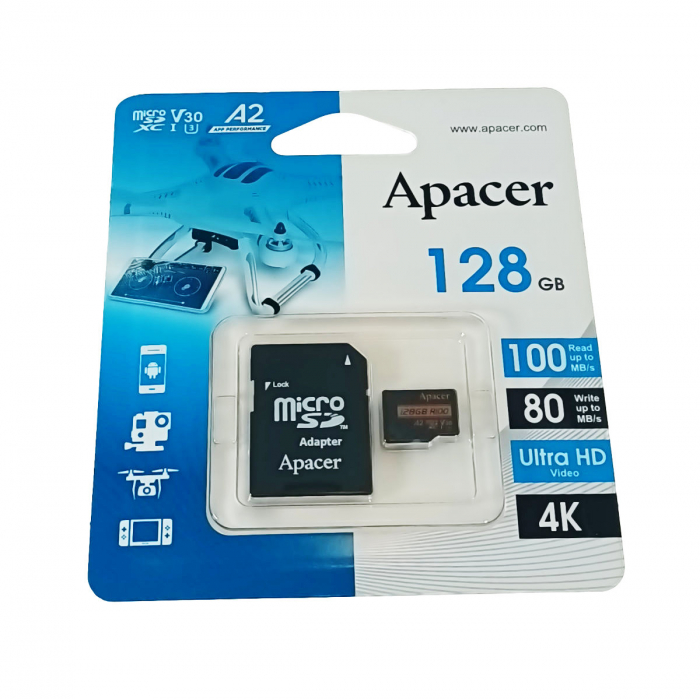 Card microSDXC 128 GB, UHS-I U3, V30, A2, Apacer R100, cu adaptor SD [3]