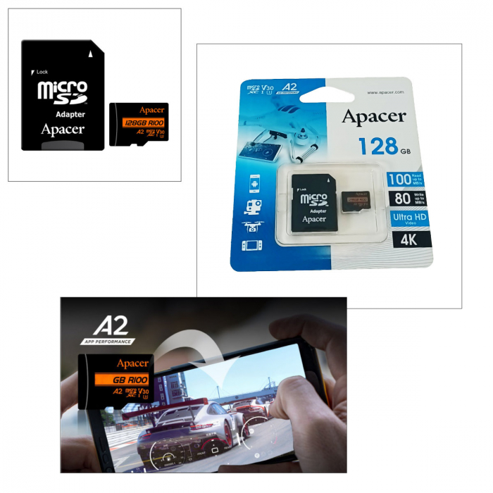 Card microSDXC 128 GB, UHS-I U3, V30, A2, Apacer R100, cu adaptor SD [4]