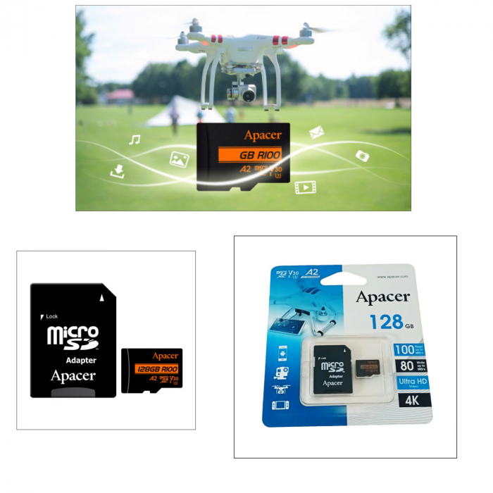 Card microSDXC 128 GB, UHS-I U3, V30, A2, Apacer R100, cu adaptor SD [2]
