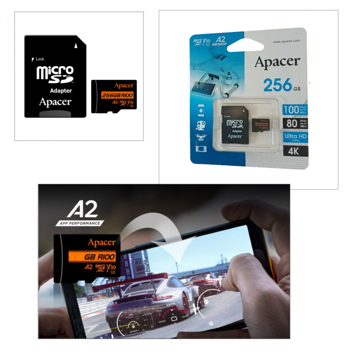 Card microSDXC 256 GB, UHS-I U3, V30, A2, Apacer R100, cu adaptor SD [2]