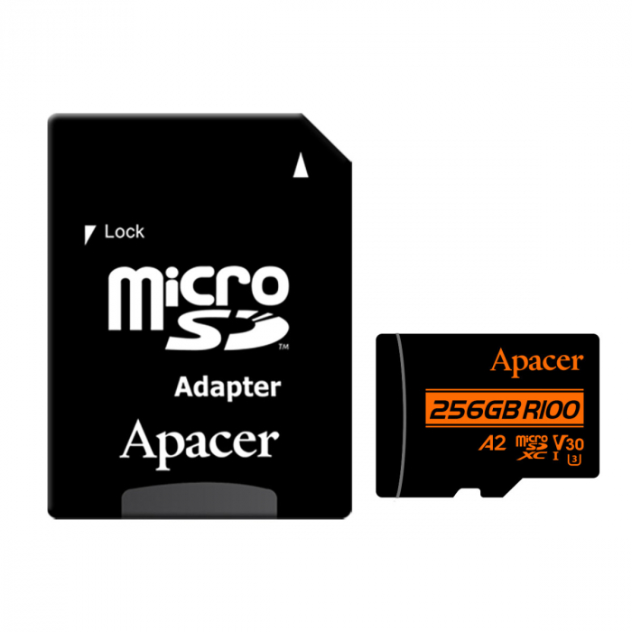 Card microSDXC 256 GB, UHS-I U3, V30, A2, Apacer R100, cu adaptor SD [1]