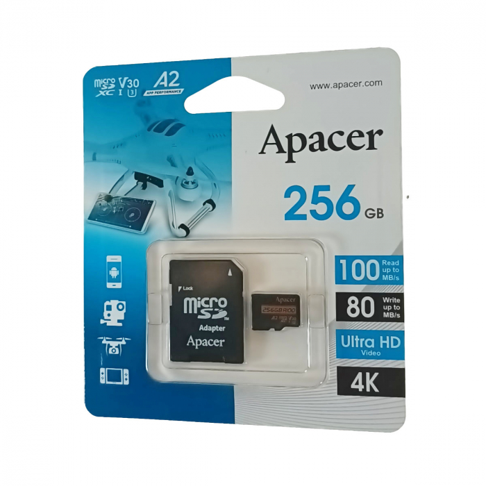 Card microSDXC 256 GB, UHS-I U3, V30, A2, Apacer R100, cu adaptor SD [3]