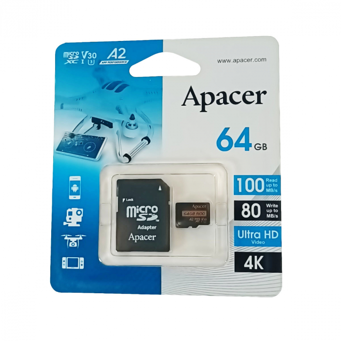 Card microSDXC 64 GB, UHS-I U3, V30, A2, Apacer R100, cu adaptor SD [3]