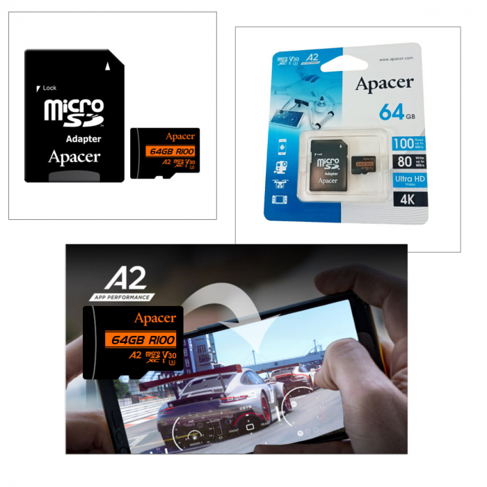 Card microSDXC 64 GB, UHS-I U3, V30, A2, Apacer R100, cu adaptor SD [2]