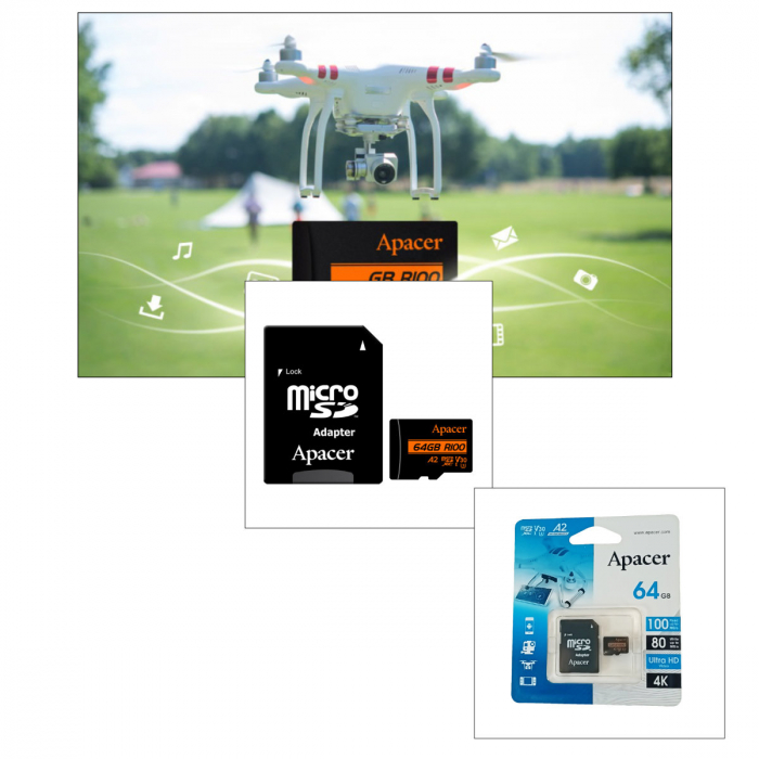 Card microSDXC 64 GB, UHS-I U3, V30, A2, Apacer R100, cu adaptor SD [4]