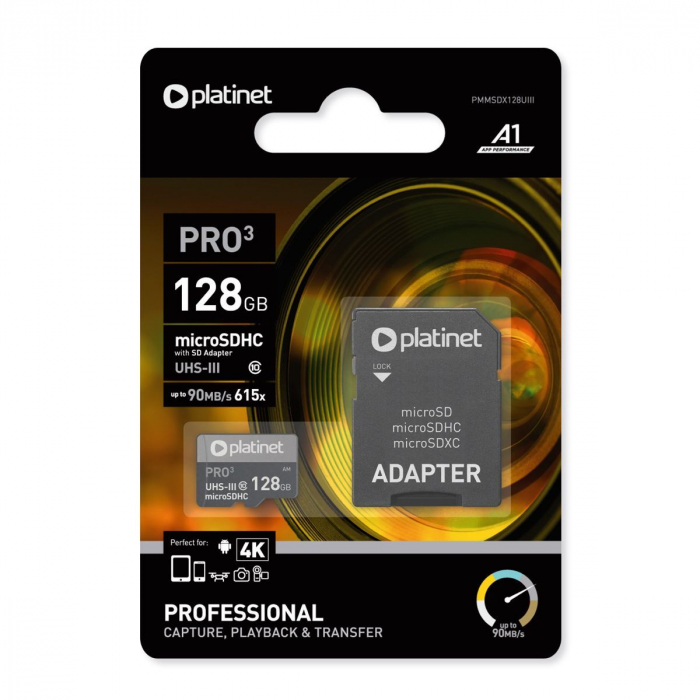Card microSDXC Platinet 42910, 128GB, clasa 10 UHS-III 90Mb/s 4K, cu adaptor [2]