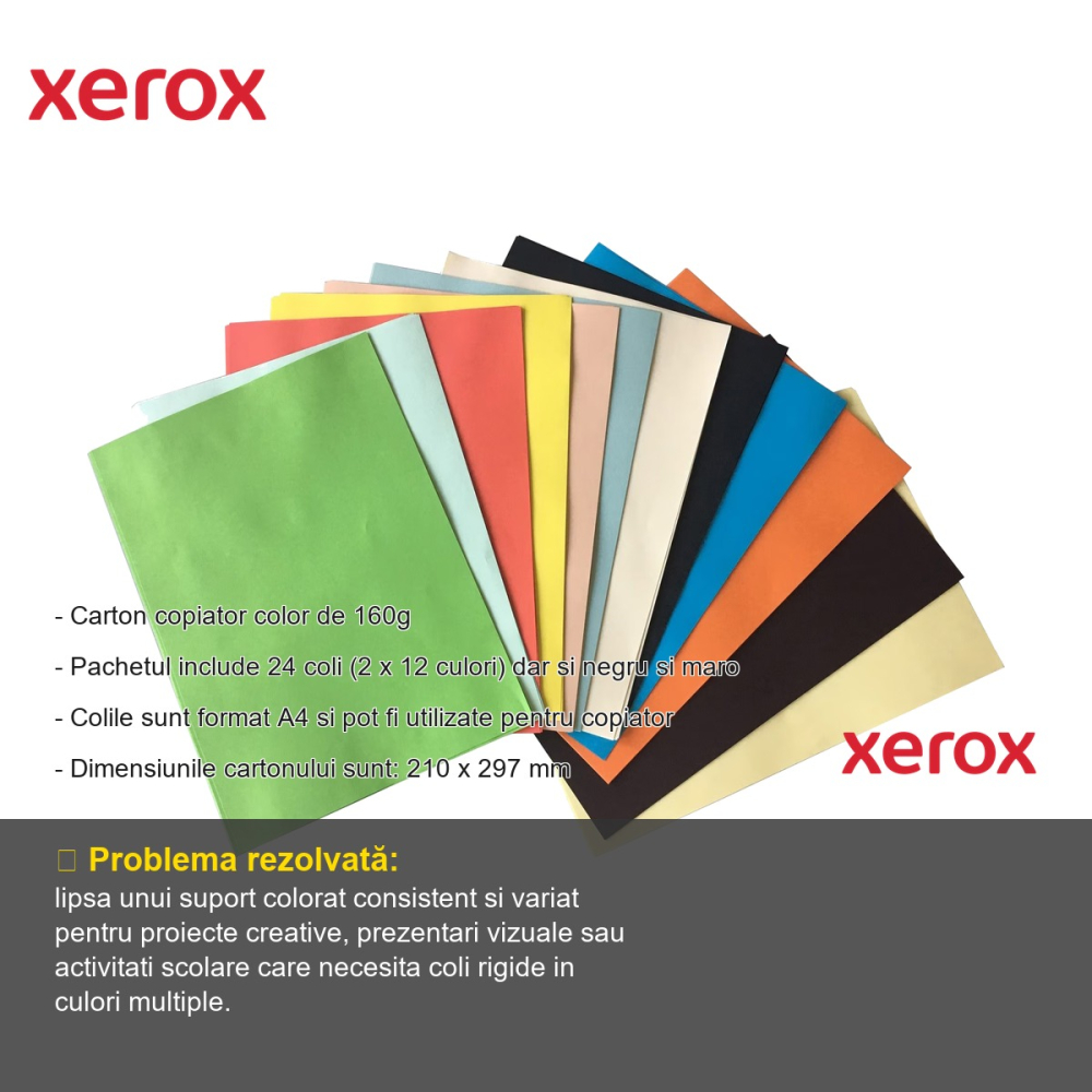 Carton copiator colorat Xerox A4, 160g, set 24 coli in 12 culori inclusiv negru si maro, pentru proiecte creative [2]