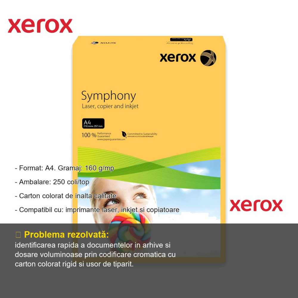 Carton copiator colorat Xerox Symphony, galben mid, A4, 160 g/mp, 250 coli/top, pentru imprimante si copiatoare [2]