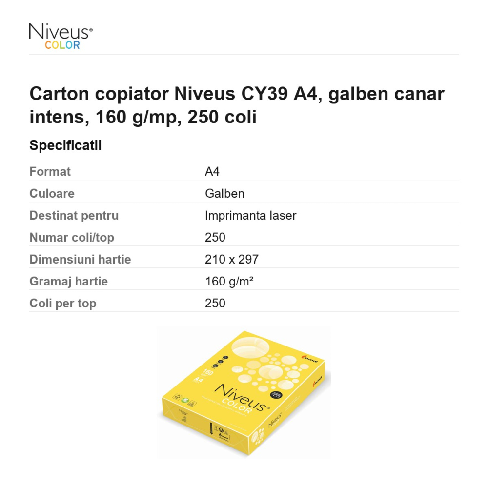 Carton copiator Niveus CY39 A4, galben canar intens, 160 g/mp, 250 coli [3]