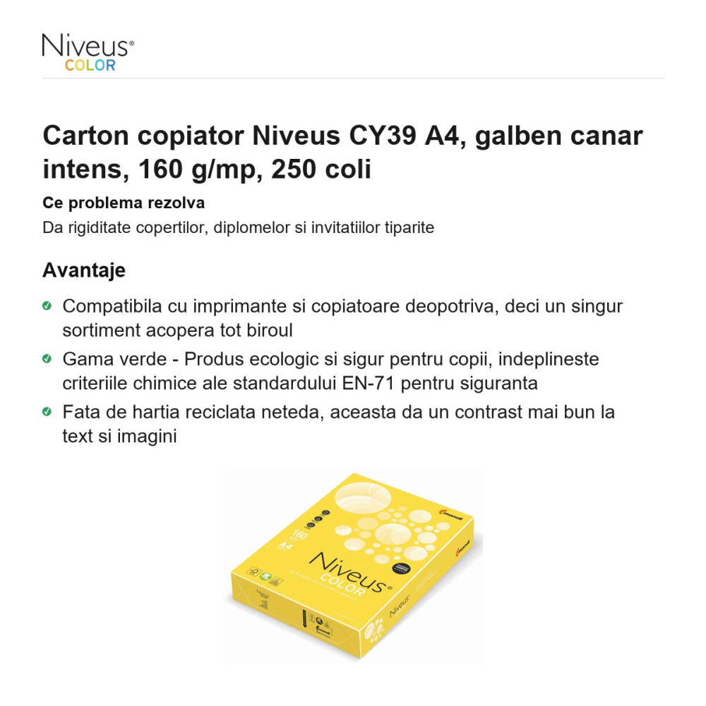 Carton copiator Niveus CY39 A4, galben canar intens, 160 g/mp, 250 coli [2]