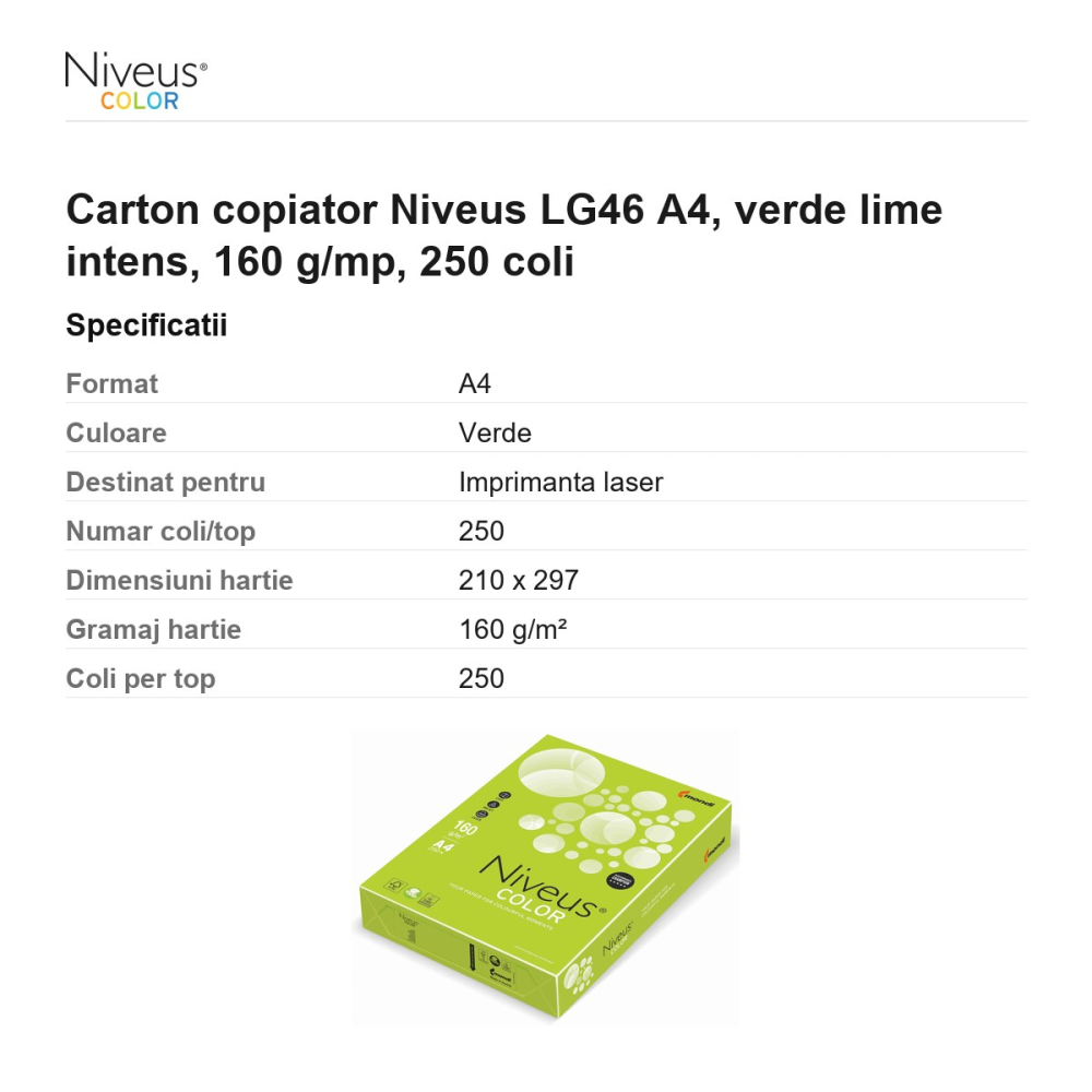 Carton copiator Niveus LG46 A4, verde lime intens, 160 g/mp, 250 coli [3]