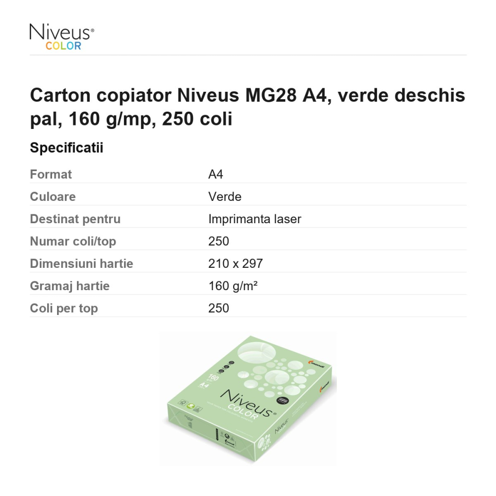 Carton copiator Niveus MG28 A4, verde deschis pal, 160 g/mp, 250 coli [3]