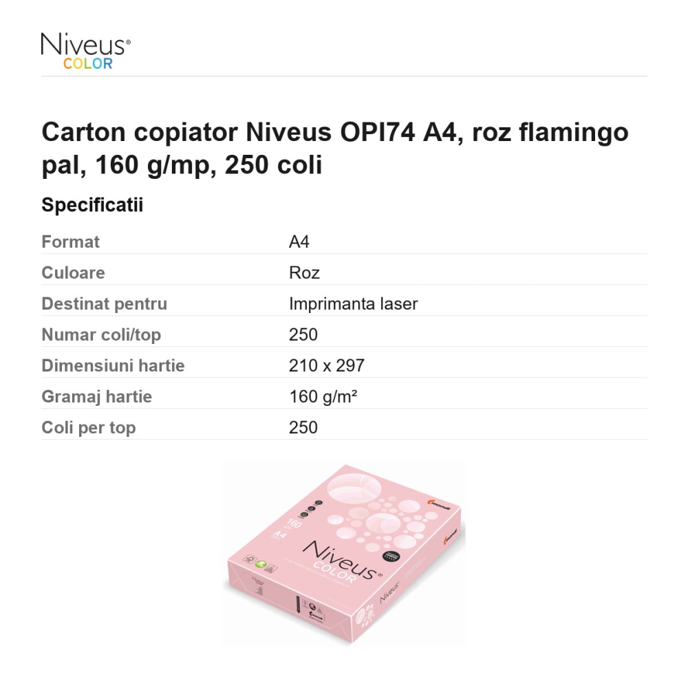 Carton copiator Niveus OPI74 A4, roz flamingo pal, 160 g/mp, 250 coli [3]