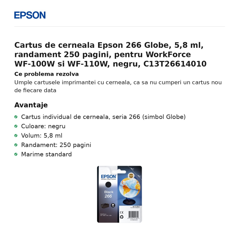 Cartus de cerneala Epson 266 Globe, 5,8 ml, randament 250 pagini, pentru WorkForce WF-100W si WF-110W, negru, C13T26614010 [2]
