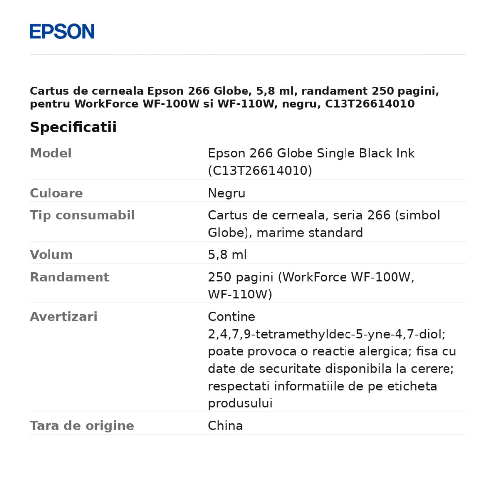 Cartus de cerneala Epson 266 Globe, 5,8 ml, randament 250 pagini, pentru WorkForce WF-100W si WF-110W, negru, C13T26614010 [3]