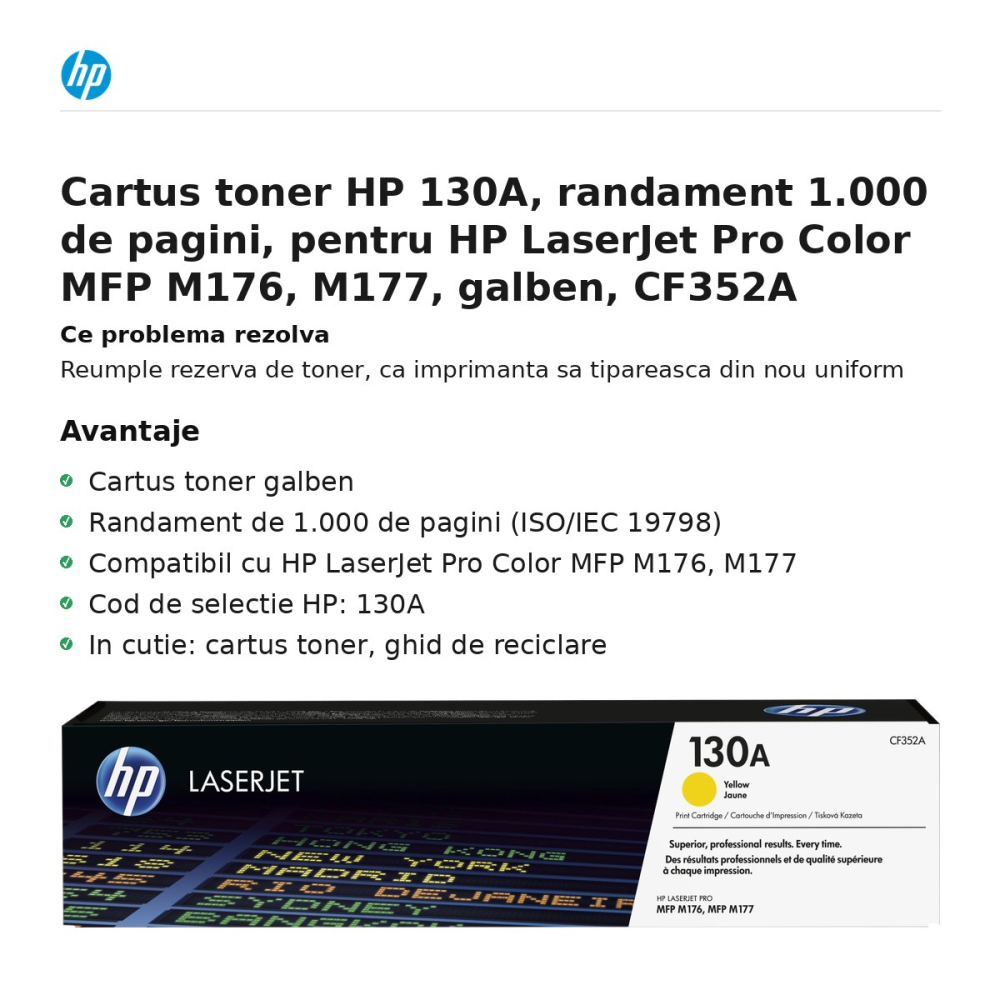 Cartus toner HP 130A, randament 1.000 de pagini, pentru HP LaserJet Pro Color MFP M176, M177, galben, CF352A [2]