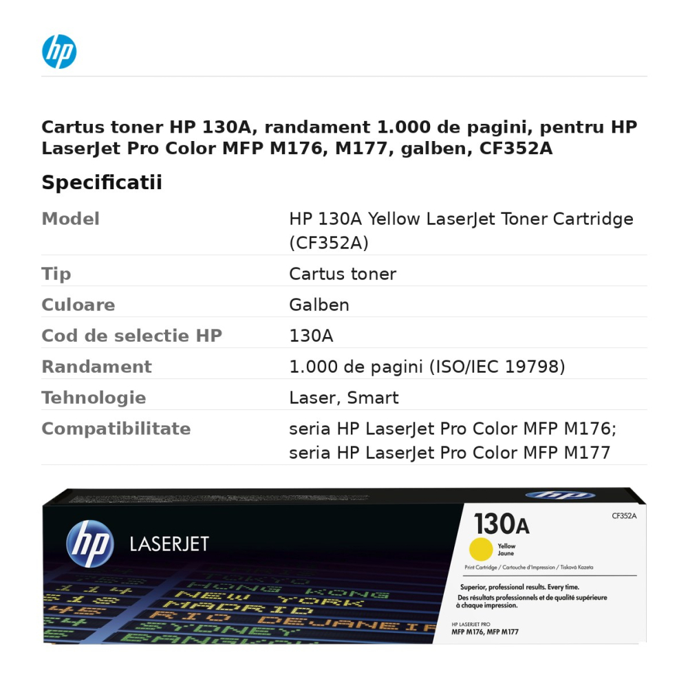 Cartus toner HP 130A, randament 1.000 de pagini, pentru HP LaserJet Pro Color MFP M176, M177, galben, CF352A [3]