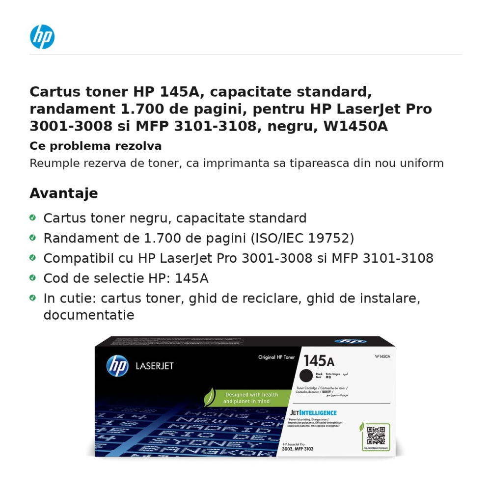 Cartus toner HP 145A, capacitate standard, randament 1.700 de pagini, pentru HP LaserJet Pro 3001-3008 si MFP 3101-3108, negru, W1450A [2]