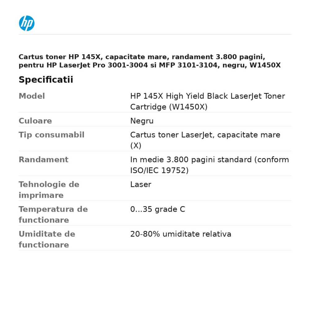 Cartus toner HP 145X, capacitate mare, randament 3.800 pagini, pentru HP LaserJet Pro 3001-3004 si MFP 3101-3104, negru, W1450X [3]