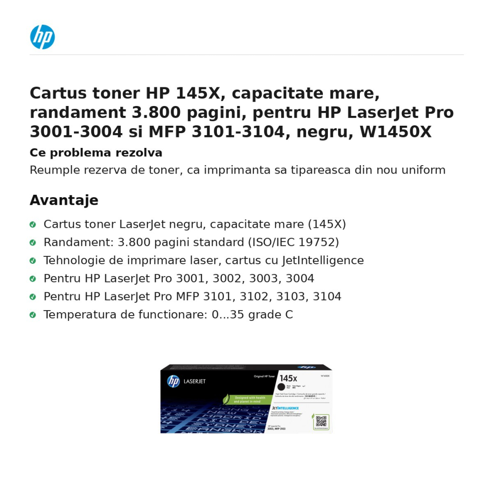Cartus toner HP 145X, capacitate mare, randament 3.800 pagini, pentru HP LaserJet Pro 3001-3004 si MFP 3101-3104, negru, W1450X [2]