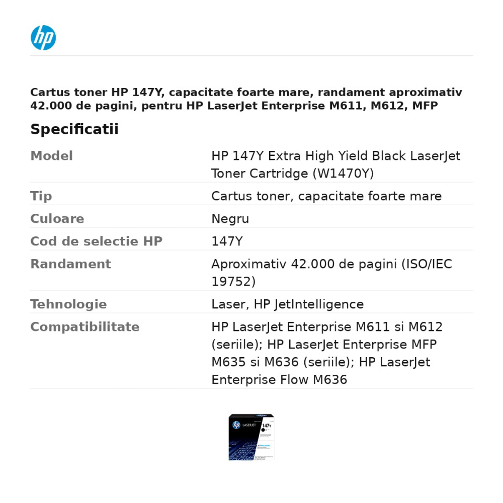 Cartus toner HP 147Y, capacitate foarte mare, randament aproximativ 42.000 de pagini, pentru HP LaserJet Enterprise M611, M612, MFP M635, M636, negru, W1470Y [3]