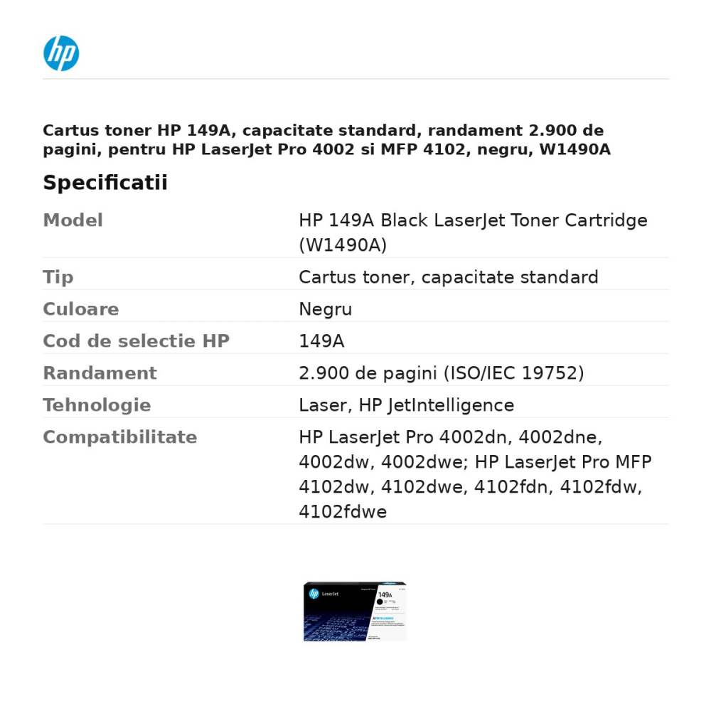 Cartus toner HP 149A, capacitate standard, randament 2.900 de pagini, pentru HP LaserJet Pro 4002 si MFP 4102, negru, W1490A [3]