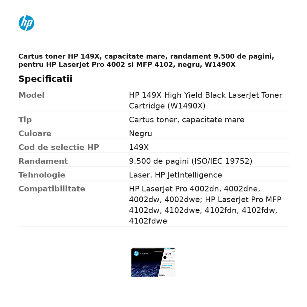 Cartus toner HP 149X, capacitate mare, randament 9.500 de pagini, pentru HP LaserJet Pro 4002 si MFP 4102, negru, W1490X [3]