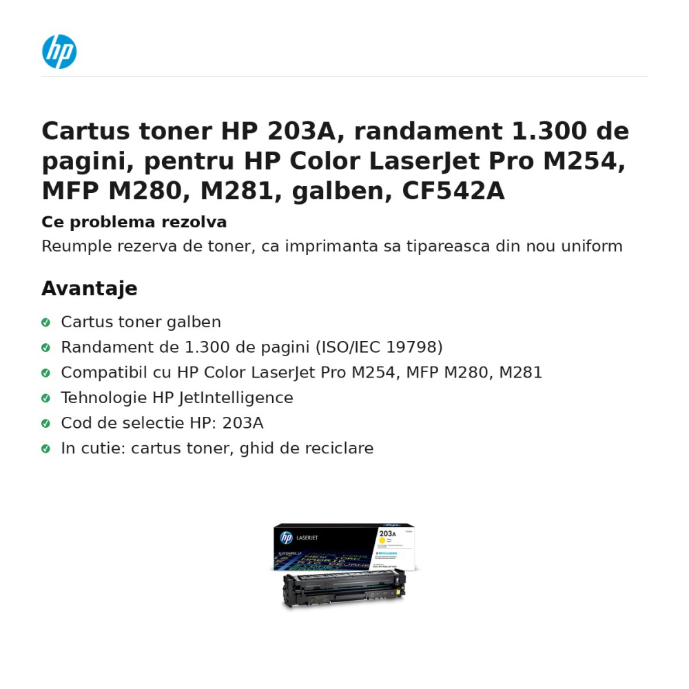 Cartus toner HP 203A, randament 1.300 de pagini, pentru HP Color LaserJet Pro M254, MFP M280, M281, galben, CF542A [2]