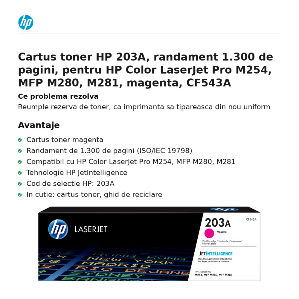 Cartus toner HP 203A, randament 1.300 de pagini, pentru HP Color LaserJet Pro M254, MFP M280, M281, magenta, CF543A [2]
