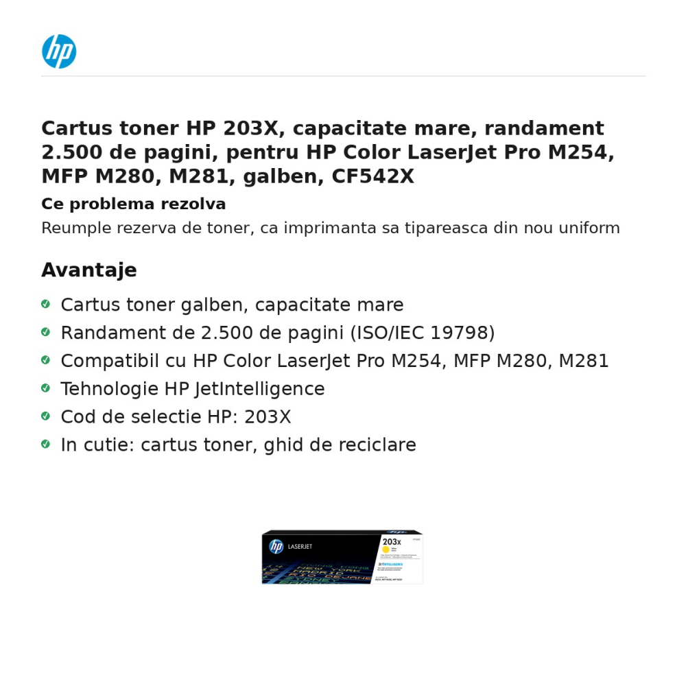 Cartus toner HP 203X, capacitate mare, randament 2.500 de pagini, pentru HP Color LaserJet Pro M254, MFP M280, M281, galben, CF542X [2]