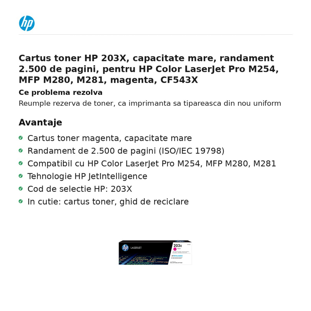 Cartus toner HP 203X, capacitate mare, randament 2.500 de pagini, pentru HP Color LaserJet Pro M254, MFP M280, M281, magenta, CF543X [2]