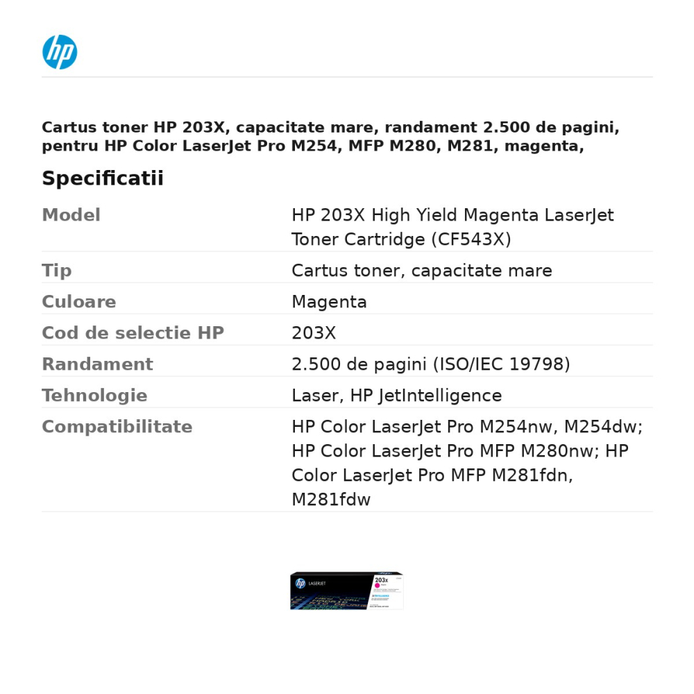 Cartus toner HP 203X, capacitate mare, randament 2.500 de pagini, pentru HP Color LaserJet Pro M254, MFP M280, M281, magenta, CF543X [3]